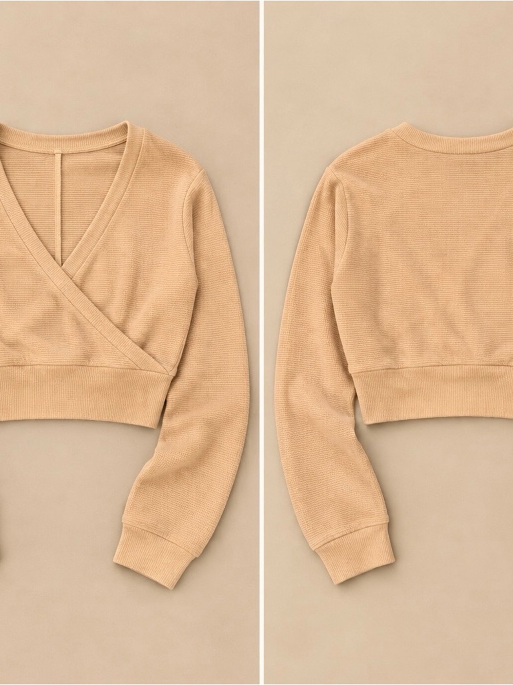 SHEIN Tan Cropped V-Neck Wrap Sweater